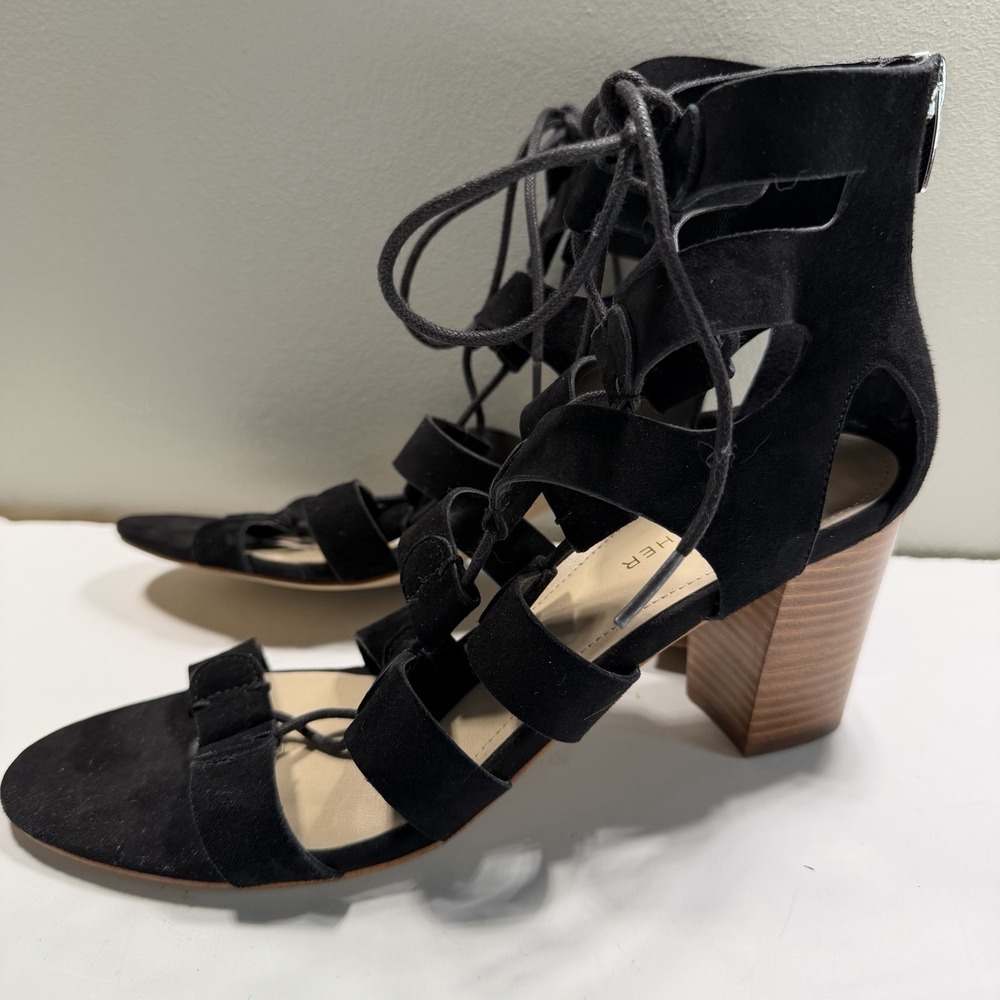Marc Fisher Paradox Suede Block Heel Lace Up Sandals in Black Size 9